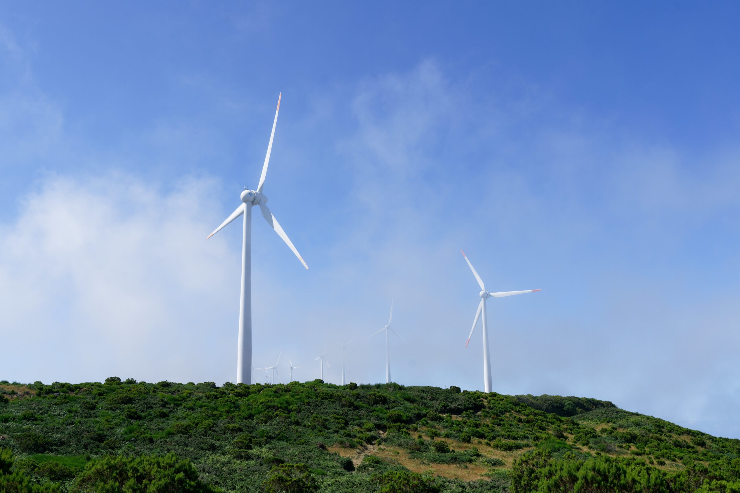 A shot of wind turbines on the mountains