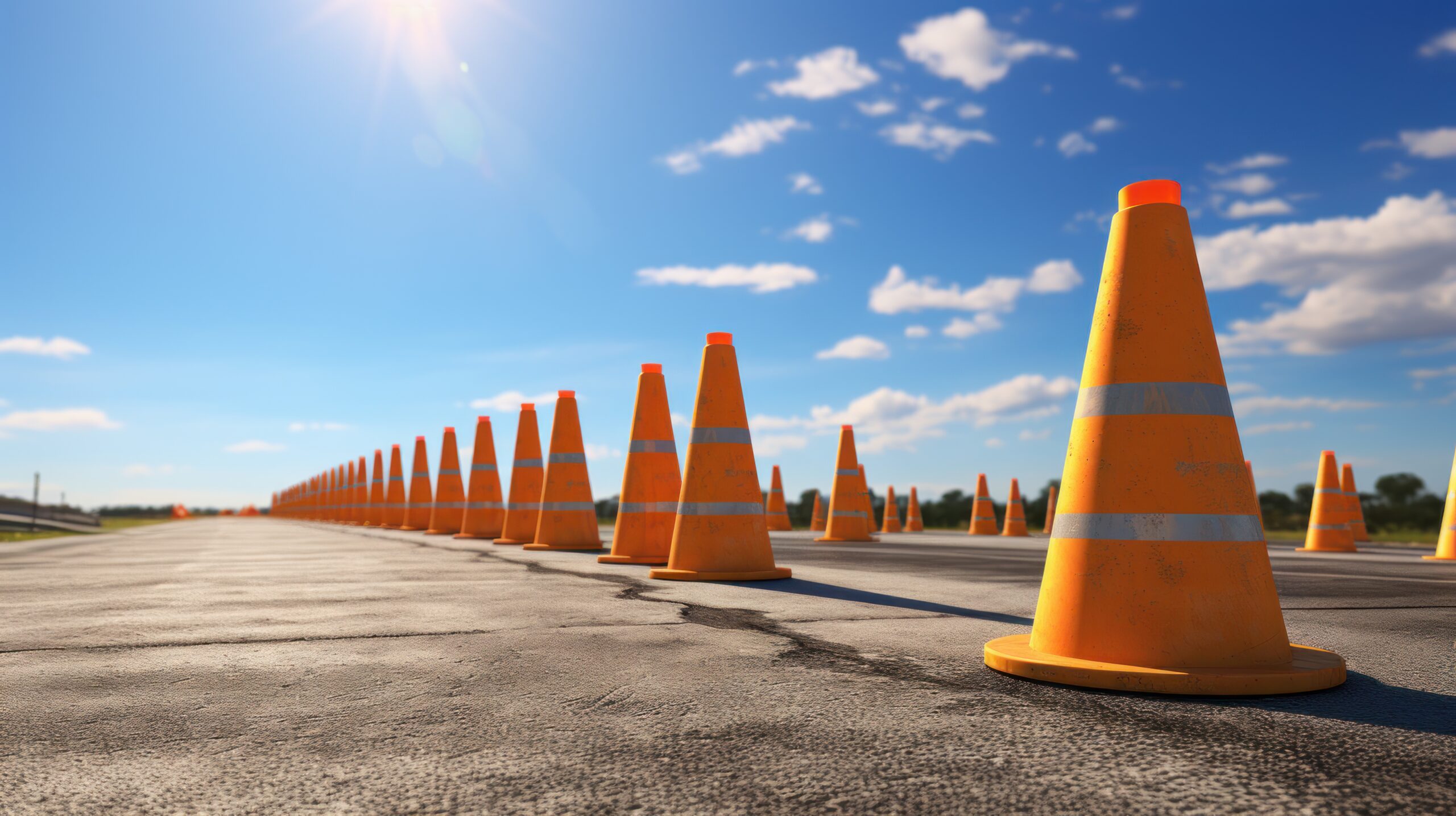 Traffic cones line up along sunlit asphalt road.