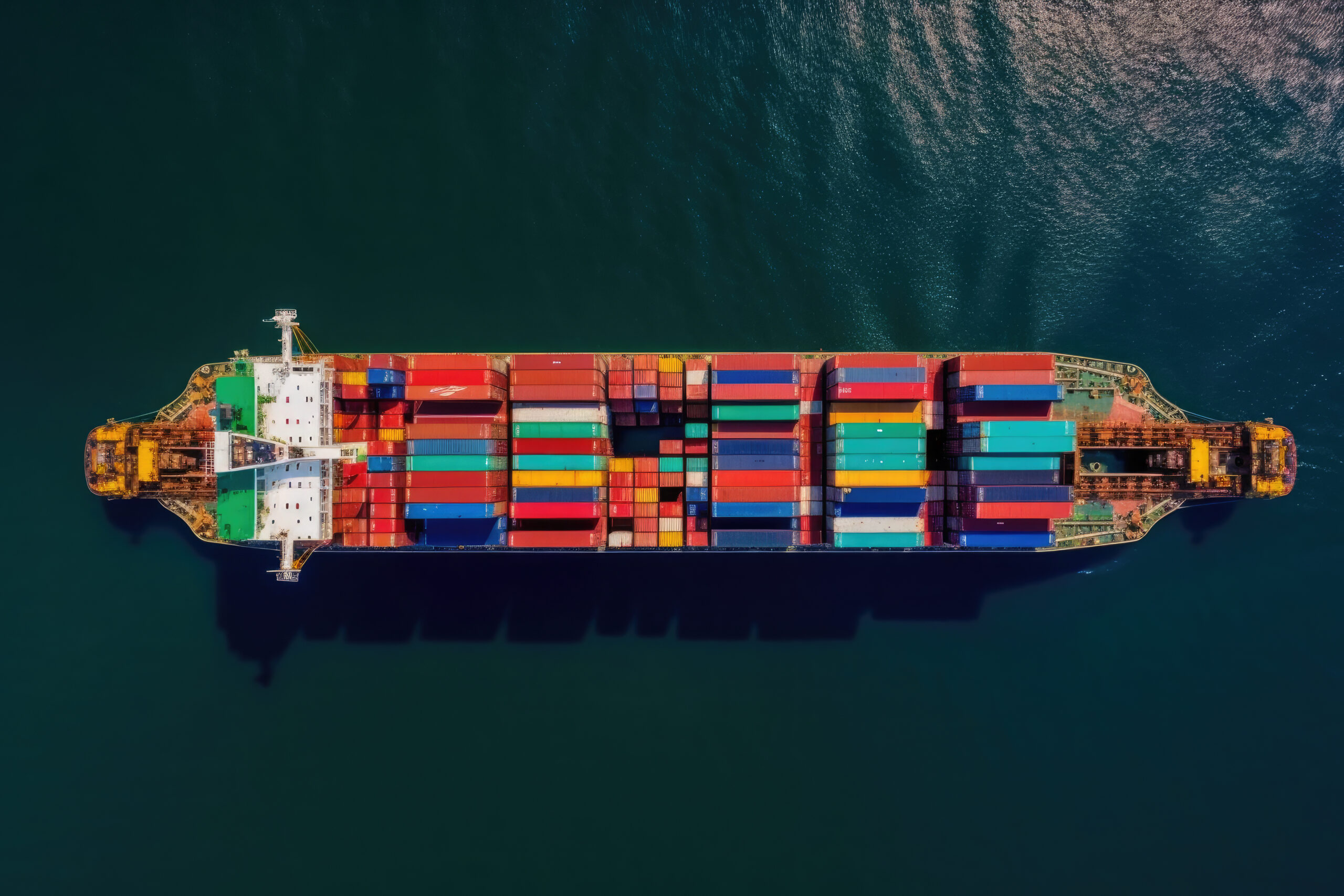 aerial image of a cargo ship plying the seas transporting containers internationally.