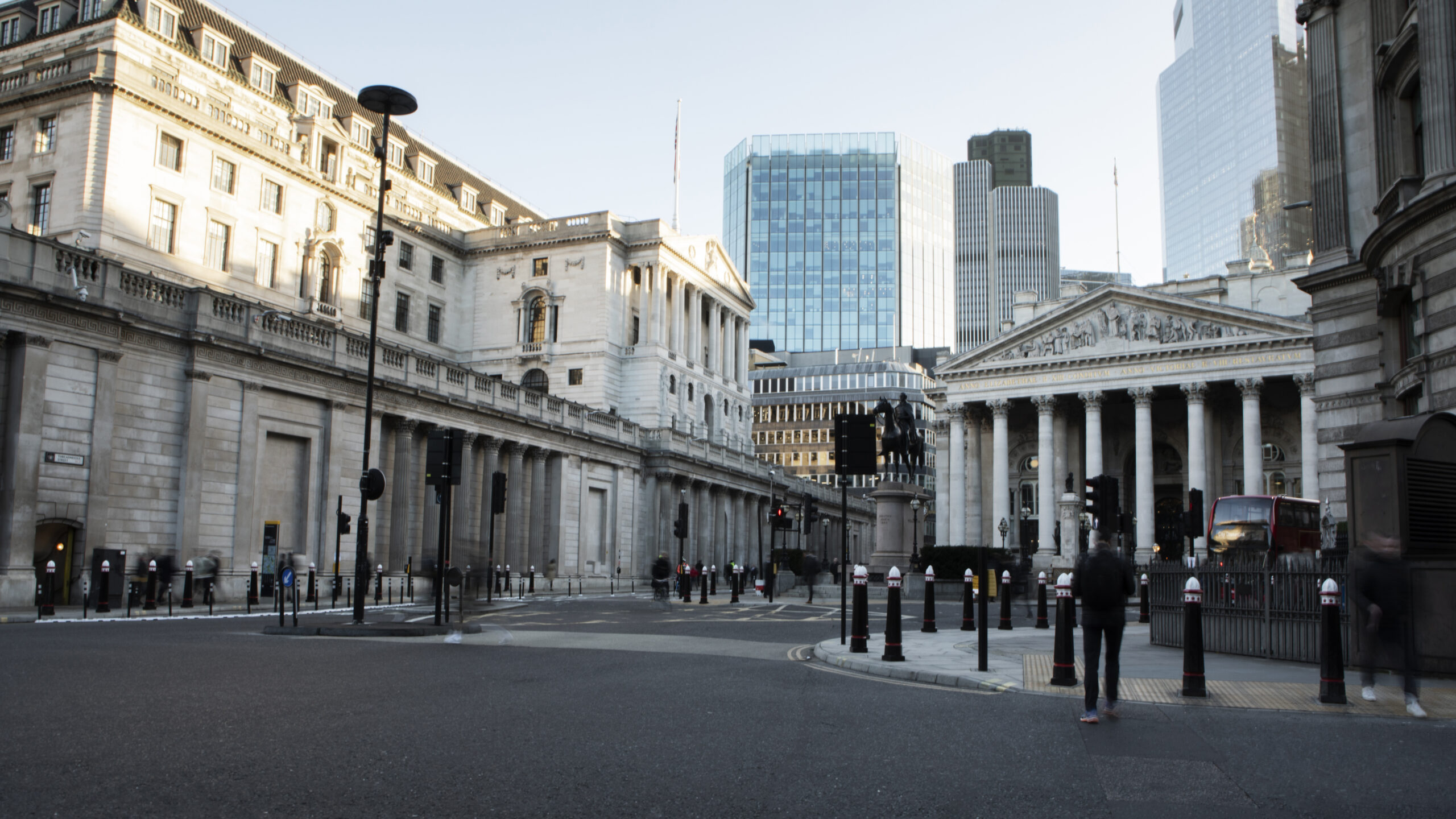 View from the street of the Bank of England and other buildings in London.