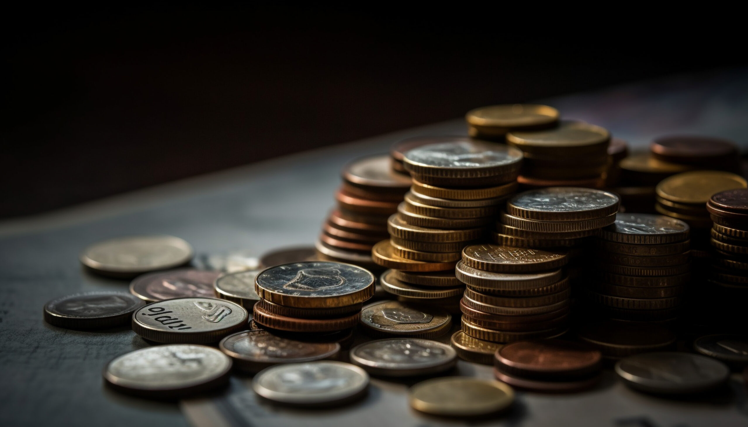 Stacks of metallic coins symbolize financial success generated by artificial intelligence.